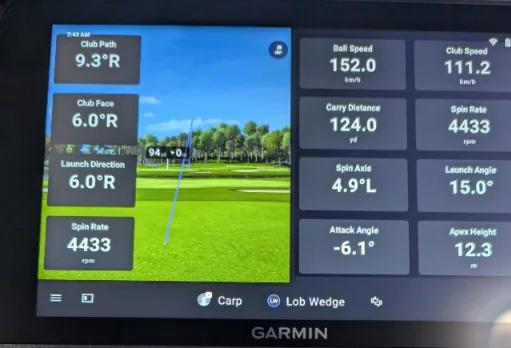 Garmin display showing ball flight and shot measurements
